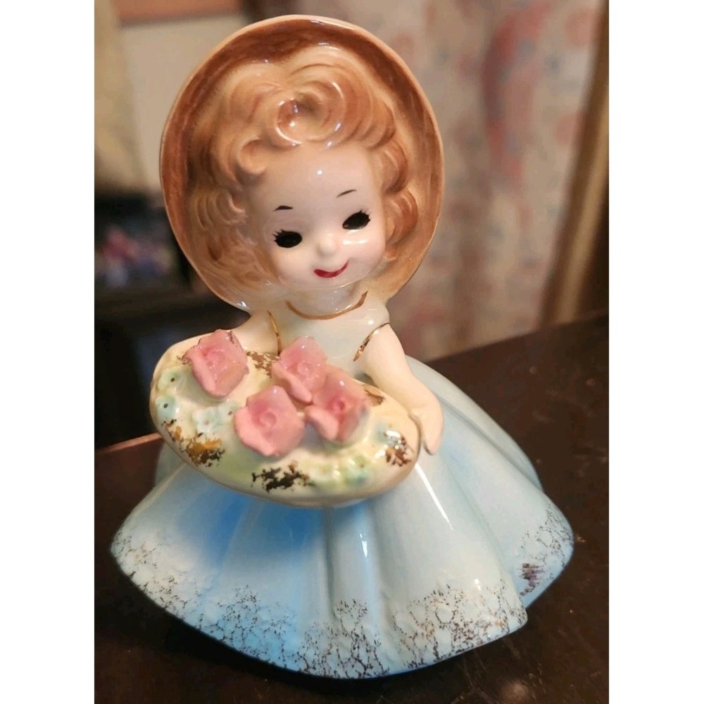 Josef Original Small Girl Figurine Blue Dress Yellow Hat Bowl Basket of Flowers